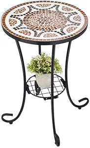 VCUTEKA Outdoor Side Table Mosaic Patio Table Accent Tables Mosaic Tile Top Metal Frame Small End Tables Porch Beach Patio Garden Balcony Russet 14''