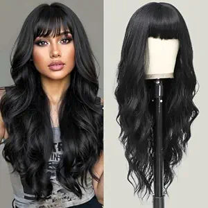Black Wig with Bangs 26 Inch Long Wavy Wigs for Women