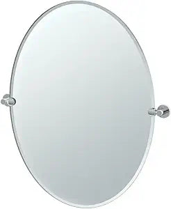 Gatco 4689LG Channel Frameless Oval Bathroom Mirror, Tilting Wall Mount Vanity Mirror with Beveled Glass and Chrome Brackets, 32 Inch