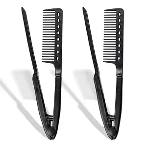 Hair Straightening Comb – Heat-Safe, Tangle-Free V-Shaped Styling Tool for Flat Irons & Curling Wands, Travel-Ready (Black, Plastic, Dry Hair, 2-Pack)