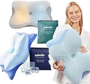 Derila Ergo Cervical Neck Pillow Bundle with Thermal & Cooling Covers  Contour Memory Foam Pillow for Back & Side Sleepers, Neck Support Pillow Set (3-Piece Set)