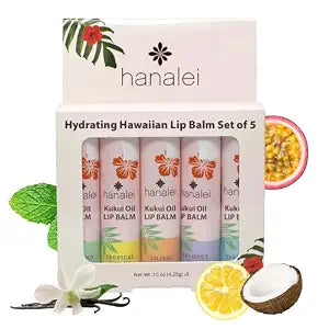 Hanalei Kukui Oil Lip Balm, Hawaiian Tropical Variety 5-Pack, 5 Tubes