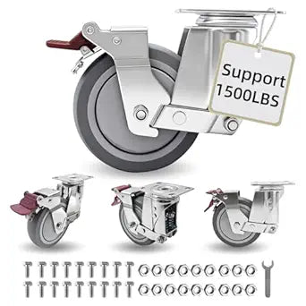 5 Inch Heavy Duty Casters Set of 4,Double Spring Shock Absorption Caster Wheels,360Swivel Plate Casters with Brake,TPR Quiet Industrial Castors for Workbench,Cart,Trolley,Toolbox & Outdoor Use