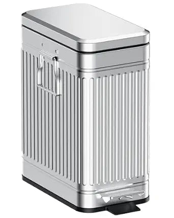 Small Trash Can with Lid Soft Close-10L/2.6 Gal Stainless Steel Outdoor Dog Poop Garbage Can-Metal Waste Bins with Pedal for Bathroom Bedroom Office-Silver
