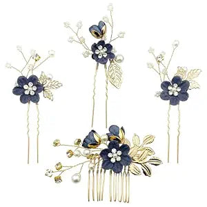 Dark Blue Flower Gold Hair Accessories for Wedding Prom, 4pcs