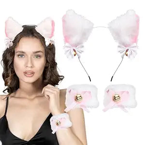 Cat Ear Headband and Wristbands for Women White and Pink Cat Ears Headbands Animal Headband for Halloween Cosplay Accessories Set for Theme Party Fluffy Cat Ear Hair Band with Bells