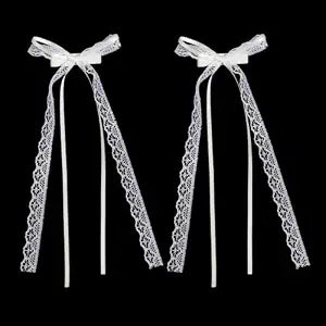 2Pcs White Lace Hair Bows with Long Tail, Coquette Lace Bow Hair Clips for Women, Elegant Ribbon Bow Barrettes Alligator Clip, Wedding Bridal Hairs Accessories for Girls Teens Daily Wear Party Decor