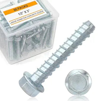 Hicarer 60 Pack 1/2" x 3" Concrete Screw for Anchoring to Masonry, Zinc Plated Heavy Duty Large Diameter Galvanized Masonry Screws for Anchoring, Brick, Block, Decking and Framing, Hex Drive