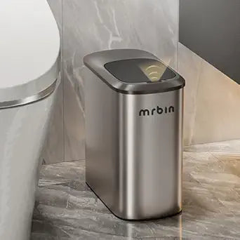 MRBIN Stainless Steel Motion Sensor Bathroom Trash Can, 10L / 2.6gal Slim Smart Toilet Waste Basket with Lid, Automatic Touchless Kitchen Bucket for Narrow Restroom, Vanity, Rv, Eclipse Grey