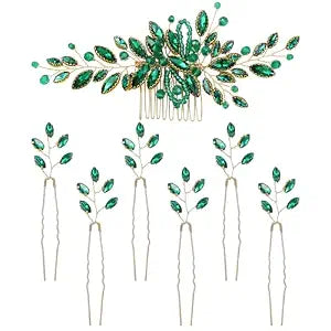 Dizila 7 Pieces Emerald Green Crystal Bead Party Prom Wedding Bridal Vine Leaf Hair Side Combs + Rhinestone U-shaped Hair Pins Headpieces for Brides Bridesmaids Women Girls