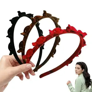 3Pcs Velvet Headband with Clips, Professional Weave Bangs Hairstyle Hairpin & Toothed Headband Braid Tool, Clip Headbands for Women Fashion Hair Accessories (Red, Black, Brown)