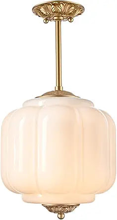 Vintage Milk Glass Ceiling Light Fixture, Antique White Semi Flush Mount Milk Glass Pendant Light, 9.8" Farmhouse Mid Century Ceiling Light for Kitchen Hallway Schoolhouse Dining Room Bedroom