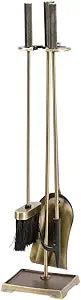 Modern Ember Harper Fireplace Tool Set in Aged Brass - Includes Brush, Shovel, Fire Poker, and Stand - Steel Construction