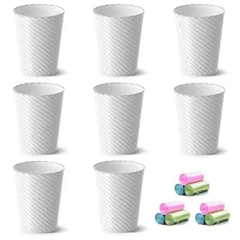Lysam Bathroom Trash Can, 8 Pack 1.8 Gallons Small Trash Can with Trash Bags, Bathroom Garbage Can, Plastic Trash Bin, Round Waste Basket for Bedroom, Office, Kitchen, Room, Compact Space (White)