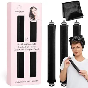Overnight Heatless Hair Curler Jumbo Set, Overnight Rods for No Heat Curls - Velvet Satin Flexi Rods Sleep in Curlers Blowout, Hair Styling Accessories with Silk Scarf 4pcs Black
