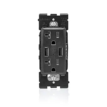 Leviton RUAA2-OB Renu USB Charger/Tamper-Resistant Duplex Outlet, 20A-125VAC, Onyx Black