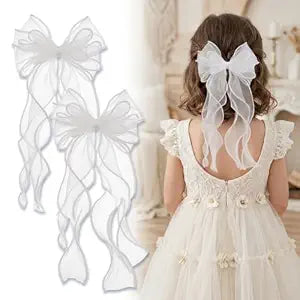 White Bows for Girls Hair, 2 Pack Large Long Tail Ribbon Hair Bow