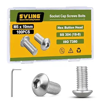M6 x 10mm 100PCS Button Head Hex Socket Cap Screws Bolts, 304 Stainless Steel 18-8, Allen Hex Drive, Full Thread, Bright Finish, with Hex Spanner