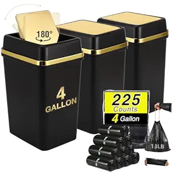 3 Pack Bathroom Trash Can with Lid 4 Gallon Small Trash Can Black Bathroom Trash Can with 225 Counts Trash Bags for Kitchen Bedroom Office