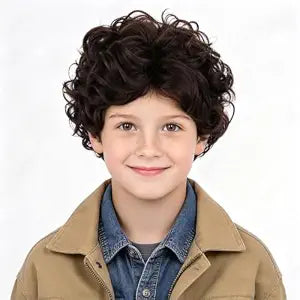 Kids Brown Wig Boys Short Brown Curly Wavy Wig for Child Heat Resistant Synthetic Hair with Cap