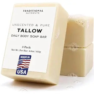TRADITIONAL NUTRIENTS Unscented Beef Tallow Soap Bar, Grass Fed and Finished Tallow and Lye, 4.6oz Bar, Natural, Pure Suet Tallow (Pack of 3)