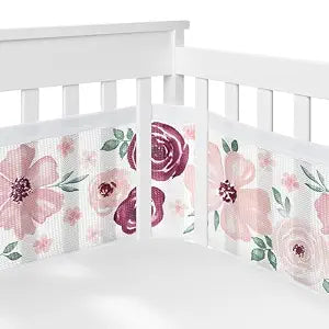 Sweet Jojo Designs + BreathableBaby 2-Piece Breathable Mesh Crib Liner Set (Burgundy Boho Floral) for Girls, Baby, Infants/Newborn Nursery (Bohemian, Shabby Chic, Watercolor, Farmhouse, Pink, Maroon)