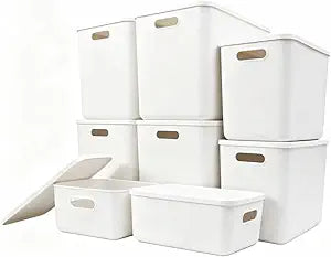 Ytteve Plastic Storage Baskets Bins Boxes with Lids, Organizing Container White Storage Organizer Bins for Shelves Drawers Desktop Playroom Classroom Office, 8-Pack (White, 4 XXL+2 L+2 M - with Lid)