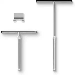 Shower Squeegee with Long Handle and Adhesive Hook. for Glass Doors, Tile Walls, Mirrors and Windows. Telescoping Squeegee for Cleaning. Bathroom Stainless Steel Squeegee, 10inch Wide, Chrome  1pk