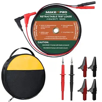 Retractable Test Leads 2 Wires 30FT 18AWG Kit with Cable Bag