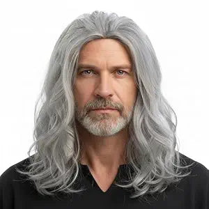 Long Curly Wavy Grey Wigs for Men Synthetic Natural Cosplay Halloween Costume Party Wig,16inch
