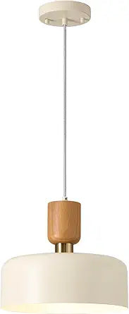 Modern Pendant Lighting,12 inch,Natural Wood and Brass Accent,Adjustable Pendant Light Fixtures for Kitchen Island,Dining Room,Soft Cream