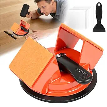 Floor Gap Fixer Tool 45 Striking Surface, Flooring Tools with Iron & Enhanced Suction Cup, 8pcs Sticky Pads & Silicone Scraper for Laminate Vinyl Wood Plank Hardwood Floor Gap Repair (Orange)
