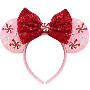 Pink Christams Mouse Ears Headband for Women Red Bows Spiral Beads