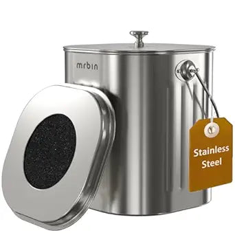 MRBIN Stainless Steel Kitchen Compost Bin Countertop Trash Can with Lid and Charcoal Filter, Metal Small Indoor Rubbish Dustbin for Food Waste Recycle