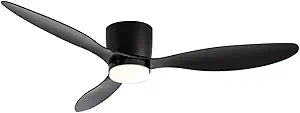 GESUM 52" Flush Mount Ceiling Fan with Light, Low Profile Ceiling Fan with Remote Control Tri-Color Temperatures, 6 Speeds,Black Outdoor Ceiling Fan for Kitchen Living Room Bedroom