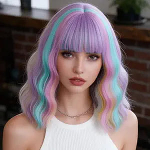 Colorful Wig for Women Short Rainbow Wavy Wigs with Bangs