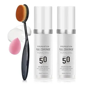2PCS Color Changing Foundation Makeup Set, Full Coverage Liquid Makeup Foundation with Brush, Moisturizing Oil Control Foundation Color Changing Makeup, Waterproof Matte Concealer with Makeup Sponge