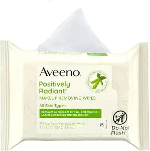 Aveeno Positively Radiant Alcohol-Free Makeup Removing Face Wipes, Ultra Soft, Gentle, Non-Comedogenic Facial Cleansing Wipes Leave Skin Feeling Clean & Soft, Sulfate Free, 25 ct (Pack of 6)