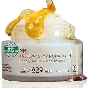 Grass-fed Grass-finished Beef Tallow & Manuka Honey Balm for Face, Body, and Skin Tallow and Honey Balm, Vitamin E & K, Unscented Body Lotion for Dry Skin Fragrance Free Anti Aging Moisturizer