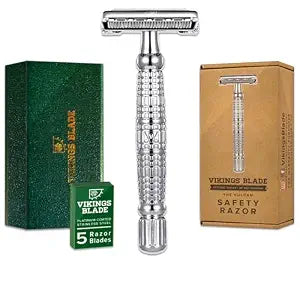 VIKINGS BLADE Double Edge Safety Razor for Men + 5 Swedish Steel Blades + Luxury Case. Long Handle. Smooth, Reusable, Eco-Friendly (The Vulcan)