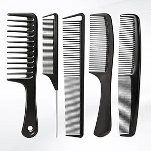 5PCS Hair Comb Set - Professional Wide & Fine Tooth Rat Tail Combs for Men Women，Carbon Fiber Comb for Hair Cutting Styling Braiding Parting Teasing Tools(Black)