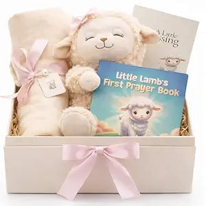 Baptism Gift for Girl  Baptism Set with 10" Praying Lamb Plush Toy (Pink Bow), Bamboo Muslin Blanket & First Prayer Book, Ready to Gift Keepsake Box