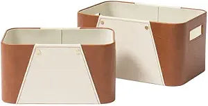 LA JOLIE MUSE Storage Baskets for Organizing, 2 Pack, Storage Cube Boxes Luxury Brown Vegan Leather and Beige Greige Fabric for Closet Shelf Cabinet Bookcase