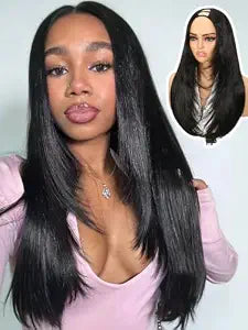 Yaki Straight Layered U Part Wigs V Part Synthetic Half Wigs for Women