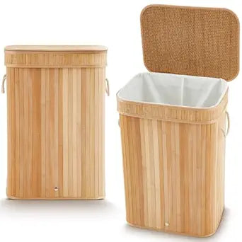 2 Pack 21 Gallon Bamboo Slim Trash Can with Lid Large Foldable Slim Rectangular Garbage Can Laundry Basket Bamboo Waste Basket for Bathroom Bedroom Office Home Salon Spa (Wooden Color)