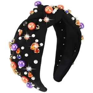 YARIEW Halloween Headband for Women Pearl Rhinestone Black Headband