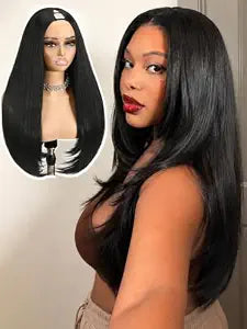 Quantum Love Yaki Straight V Part Wig Inward Curl Ends Layered Synthetic Hair Black 24In