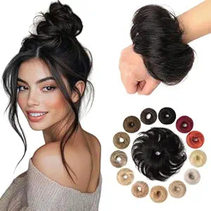 Messy Bun Hair Piece 100% Real Human Hair Natural Black Wavy Tousled Stretchy Fluffy Donut Updo Elegant Chignon with Elastic Rubber Band(1 Count #1B Natural Black
