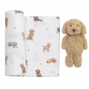 Mud Pie Doodle Dog Baby Swaddle & Rattle Set