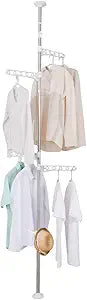 BAOYOUNI Corner Laundry Pole Coat Tree Hanger Telescopic Clothing Drying Rack Floor to Ceiling Tension Shelf Rod Metal Storage Organizer Stand with 4 Arms & 1 Hook - Ivory